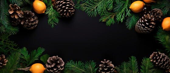 Christmas Mockup banner with, tangerine, fir, conifer branches, cones, decorations on black textured background. Top view. Flat lay. New Year Holidays background. Generative ai