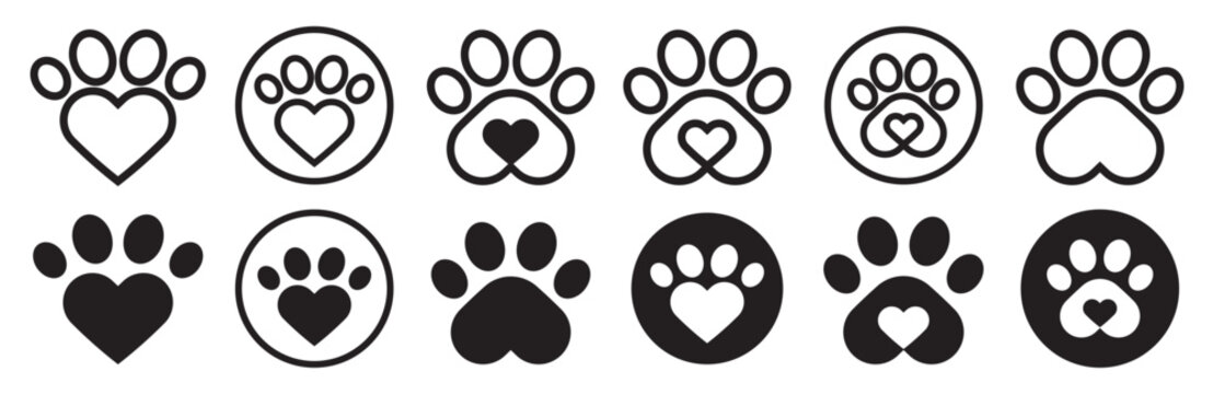 Paw print icon. Pet animal health care insurance symbol. Dog or cat footprint mark vector. Kitty paw with heart sign. Pet love logo.