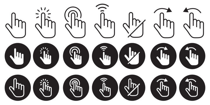 Touch click icon. Mobile phone screen zoom pan or swipe left or right side symbol. Hand finger gesture with arrow pointer to push or press the button vector set. Move cursor here sign.