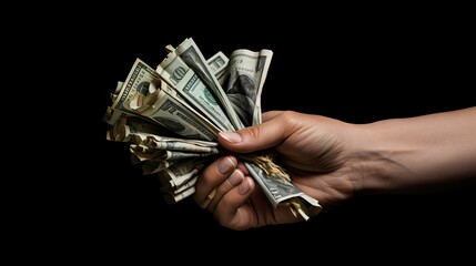 A vivid illustration of a hand filled with currency bills, symbolizing wealth, financial freedom, or perhaps even greed. reflecting from affluence to the power dynamics of money. Generative AI