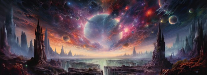 A mesmerizing horizontal depiction of a fourth-dimensional astral landscape, capturing the essence of realms beyond our understanding. Generative AI.