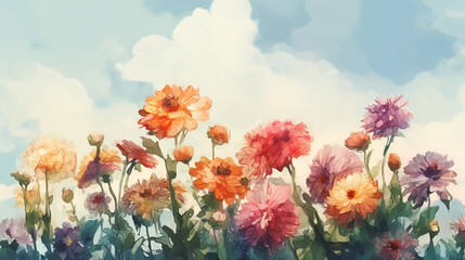 Colorful flowers on blue sky background. Watercolor painting style. generative ai