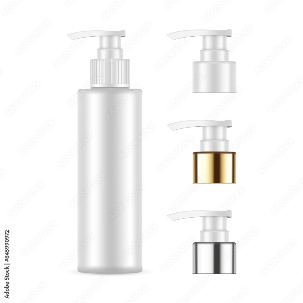 Wall mural blank pump bottle mock up with plastic, metallic, golden caps, isolated on white background. vector 