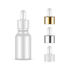 Dropper Bottle Mockup With Plastic, Metallic, Golden Caps, Isolated On White Background. Vector Illustration