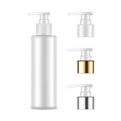 Blank Pump Bottle Mock Up With Plastic, Metallic, Golden Caps, Isolated on White Background. Vector Illustration