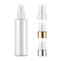 Plastic Spray Bottle Mockup With Different Caps, Isolated On White Background. Vector Illustration