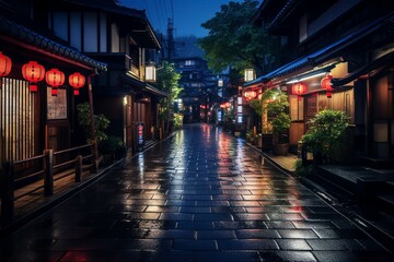 日本の京都風の夜の町並み（京都・奈良・寺院・神社） - obrazy, fototapety, plakaty