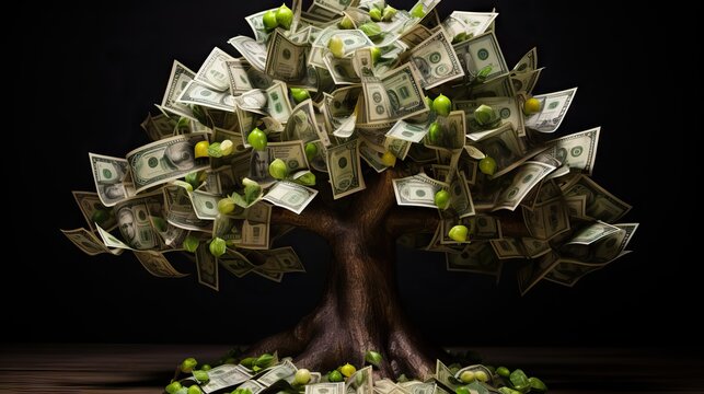 An eye-catching illustration of a tree growing money bills as leaves, symbolizing wealth, prosperity, and financial growth. Generative AI