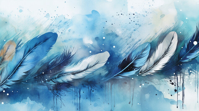 Watercolor background with blue and white feathers. Hand drawn illustration. generative ai