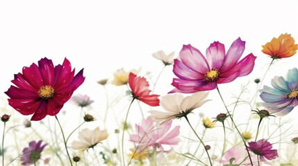 Cosmos flowers isolated on white background. Close up view. generative ai