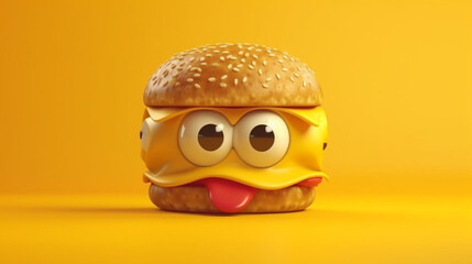 Burger character with tongue out isolated on orange background. 3d illustration generative ai - obrazy, fototapety, plakaty