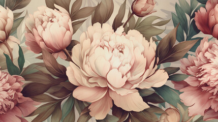 Vintage floral background with peony flowers. Hand drawn illustration. generative ai