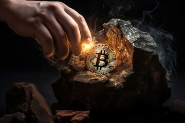 Bitcoin-Mining, Hand grift nach Bitcoin, Bitcoin im Stein