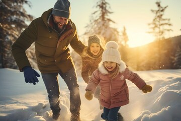 Familie tobt im Schnee und hat Spaß, Vater mit Kind im Winter - obrazy, fototapety, plakaty