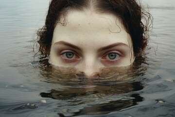A mysterious woman with only her eyes above the water. Great for stories about mermaids, horror, crime, witches, eerie, evil and more.