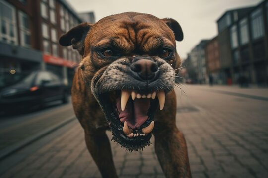 Aggressiver Hund mit spitzen Z&auml;hnen bellt, knurrt und greift Betrachter an