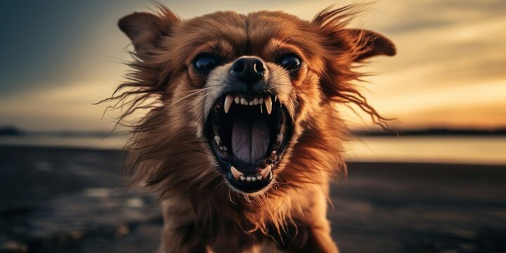 Aggressiver Hund mit spitzen Z&auml;hnen bellt, knurrt und greift Betrachter an
