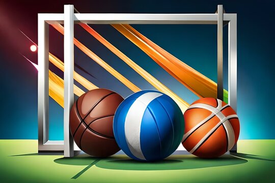 Sports equipment with a football basketball baseball soccer tennis ball volleyball boxing gloves and badminton as a symbol of sports online on colorful background. illustration.