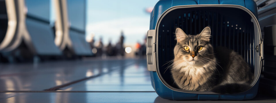 Cute domestic cat sits in a carrier bag in airport .