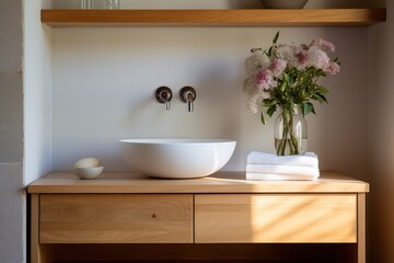 luxury bathroom interior Sink on wooden cabinets and shelves