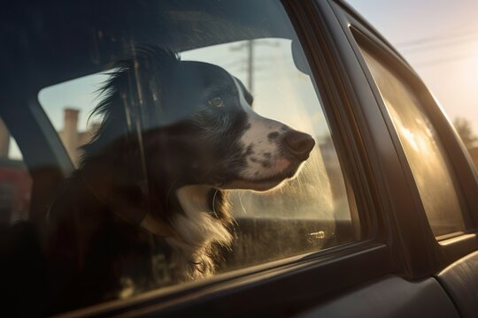 Trauriger Hund (Haustier) im Auto eingesperrt, sitzt am Fenster, Gefahr vor Hitze