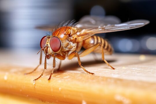 Makroaufnahme einer Fruchtfliege, Obstfliege, Taufliege, Bohrfliege