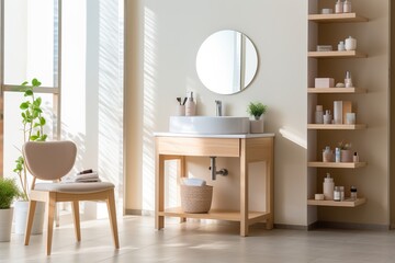 Fototapeta premium Modern bathroom with sink on vanity Stool and mirror with shelves