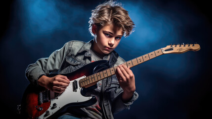 Obraz premium Teenage boy playing guitar on dark background