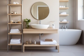 Fototapeta na wymiar Modern bathroom with sink on vanity Stool and mirror with shelves