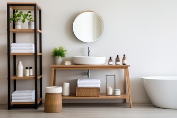 Modern bathroom with sink on vanity Stool and mirror with shelves
