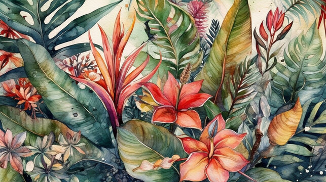 Watercolor painting of tropical leaves and flowers. Exotic background. generative ai