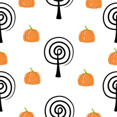 Halloween seamless pattern with decorative tree, pumpkin. Vector illustration.