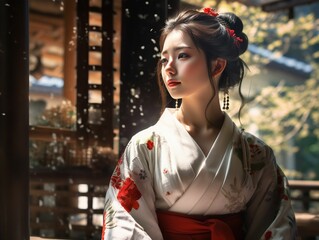 遠くを見る日本の着物の女性（舞妓・芸妓・和装・和服） - obrazy, fototapety, plakaty