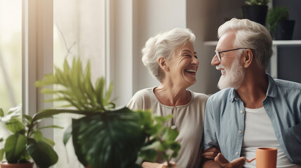 a candid photo of a cute old people couple laughing and having fun in the retirement house. couple with grey hair and glasses.