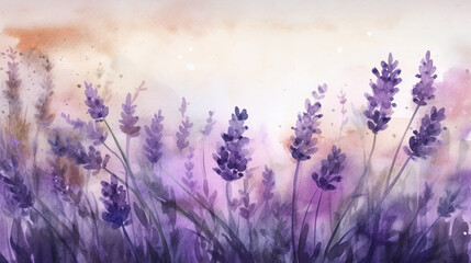 Watercolor lavender flowers on watercolor background. Hand drawn illustration generative ai