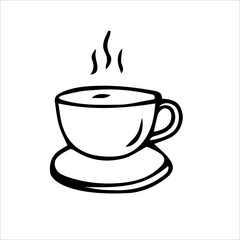 A cup of hot tea on a saucer. Vector black and white hand-drawn illustration. Silhouette, icon, logo, sketch, template, doodles.