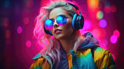 Young woman in neon lights wearing headphones listening to her favorite music.