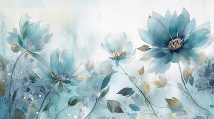 Fototapeta na wymiar Blue flowers watercolor illustration. Floral background for your design. generative ai