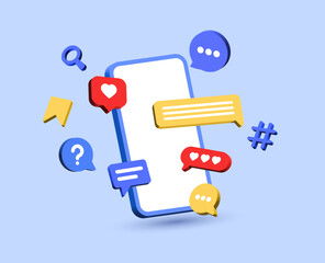 Mobile phone with chat message speech bubble icon. social media and social network online communication background, question mark, hashtag, love, like, comment, save icons - vector 3d smartphone