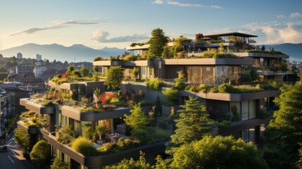 Obraz premium A cityscape with green rooftops and vertical gardens, showcasing urban sustainability. 