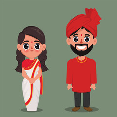 Vector design of Bengali Couple in traditional costume of  India woman wearing saree and man character.