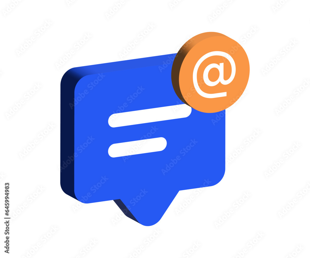 Leinwandbilder 3d chat message speech bubble with e mail at icon. message notification address sign , social media communication concept icons - text chat box speech bubbles on white background. vector illustration