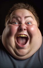 A crazy and funny looking very fat boy laughs out loud