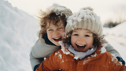 Fototapeta premium Snowy Adventures: Joyful Children Embrace Winter's Delight