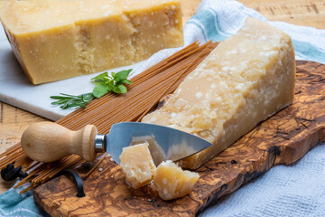 Cheese collection, hard yellow Italian cheese parmesan or parmigiano reggiano