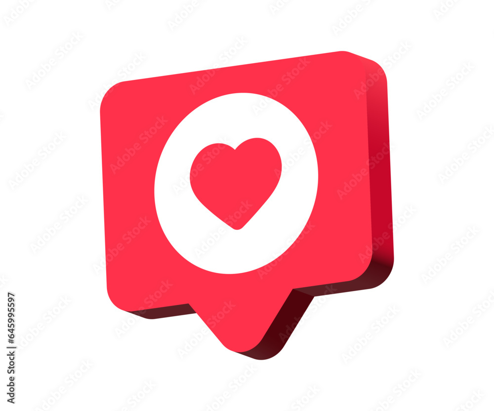 Poster 3d like and love icon button in speech bubble. heart icon in modern 3d chat bubble shapes , social m