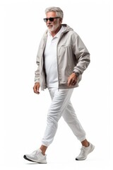 Senior man jogging Happy and energetic generation in white background. Generative AI.