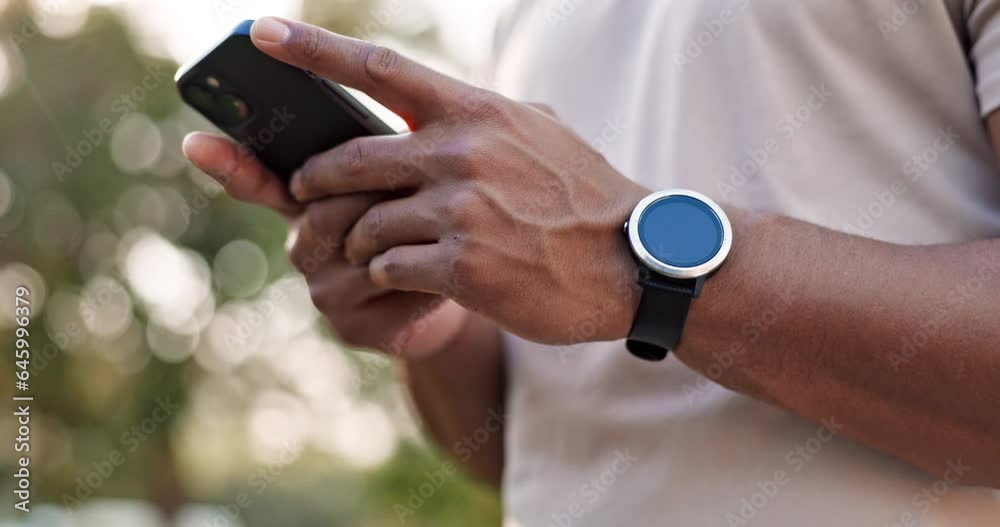 Poster phone, hands typing and man in nature outdoor on social media, internet and networking. smartphone, 