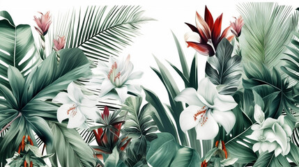 Tropical background with palm leaves and flowers. Vector illustration. generative ai
