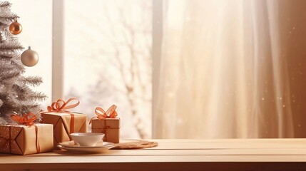Decorated Christmas room with beautiful fir tree near the window